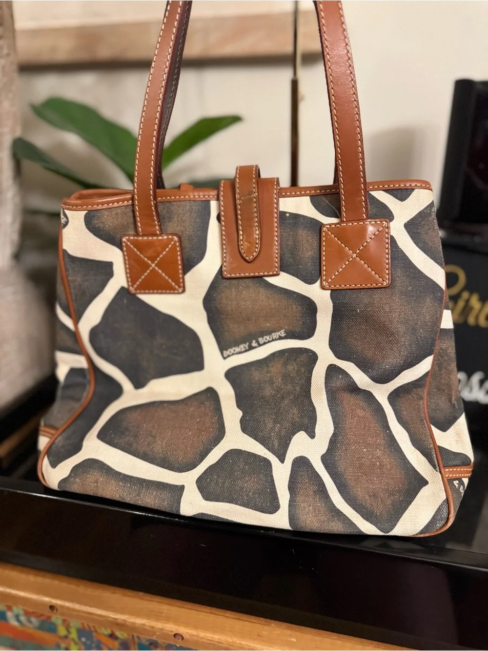 Dooney & Bourke Brown and Cream Giraffe-Print Shoulder Tote